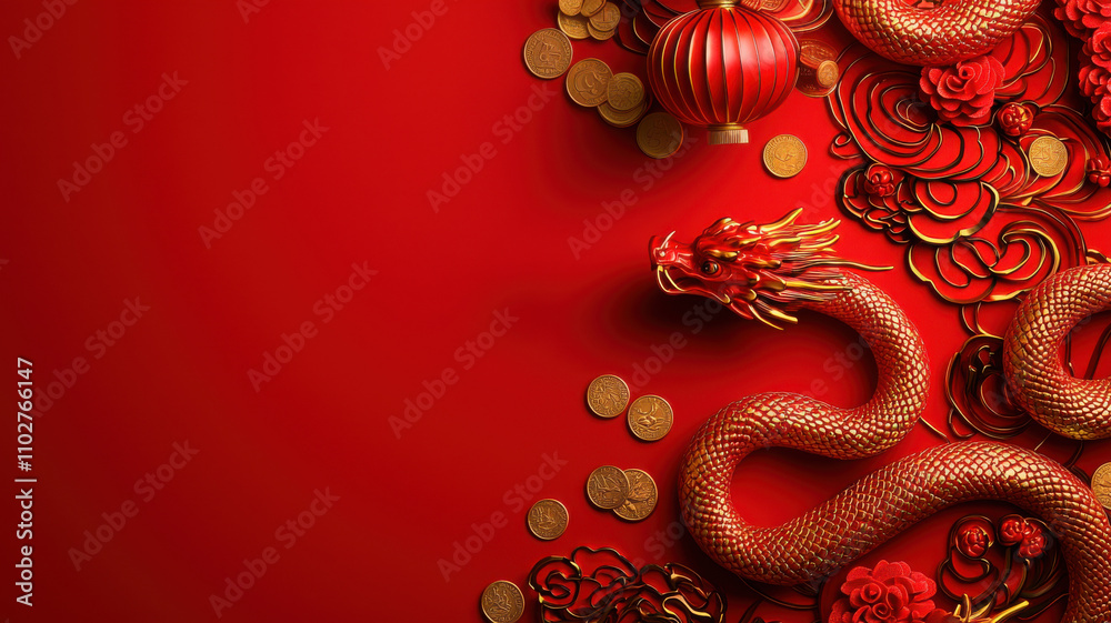 Chinese New Year Frame and background theme, golden dragon coiling around red flowers and coins, symbolizing prosperity Chinese New Year Frame and background theme, golden dragon coiling around red flowers and coins, symbolizing prosperity