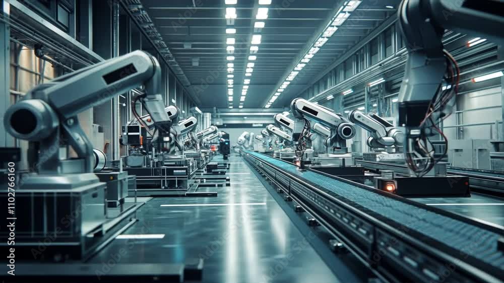 A factory with robots working on a conveyor belt A factory with robots working on a conveyor belt