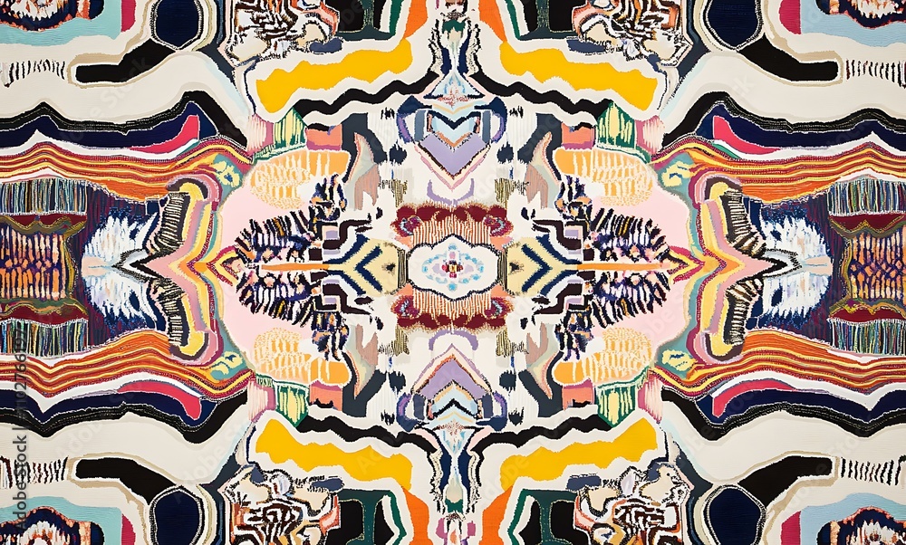 A carpet with an intricate design of geometric patterns and floral motifs, creating a symmetrical pattern that blends traditional Persian artistry with modern aesthetics. The colors used in A carpet with an intricate design of geometric patterns and floral motifs, creating a symmetrical pattern that blends traditional Persian artistry with modern aesthetics. The colors used in