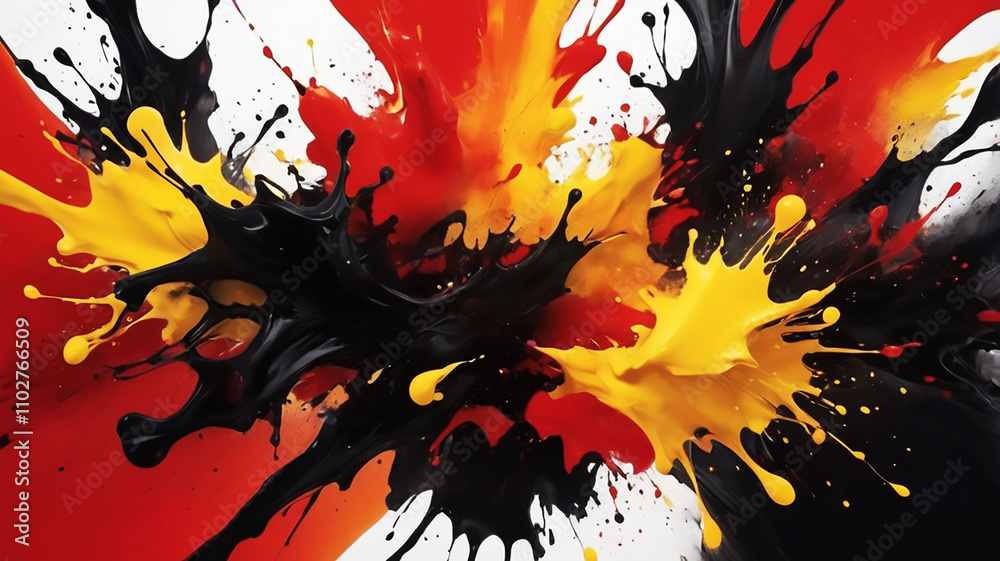 Dynamic abstract ink splashes in vibrant red, yellow, and black tones Dynamic abstract ink splashes in vibrant red, yellow, and black tones