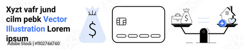 Money bag, credit card, and balance scale with money vs. house icon. Ideal for financial management, budgeting, loans, credit saving real estate investment. Landing page