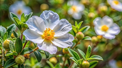 Sage-leaved cistus flower in bloom during the month of April , Sage-leaved cistus, Cistus salviifolius, flower, bloom photo