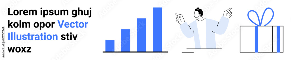 Bar chart with four ascending bars, a person speaking with raised hands, and a gift box with a bow. Ideal for business growth, success, corporate events, presentations, rewards, incentives employee Bar chart with four ascending bars, a person speaking with raised hands, and a gift box with a bow. Ideal for business growth, success, corporate events, presentations, rewards, incentives employee