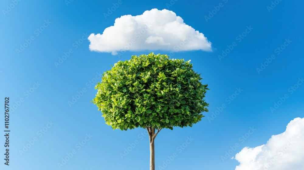 Lush Green Tree Surrounded by Fluffy White Clouds in Vibrant Blue Sky Lush Green Tree Surrounded by Fluffy White Clouds in Vibrant Blue Sky