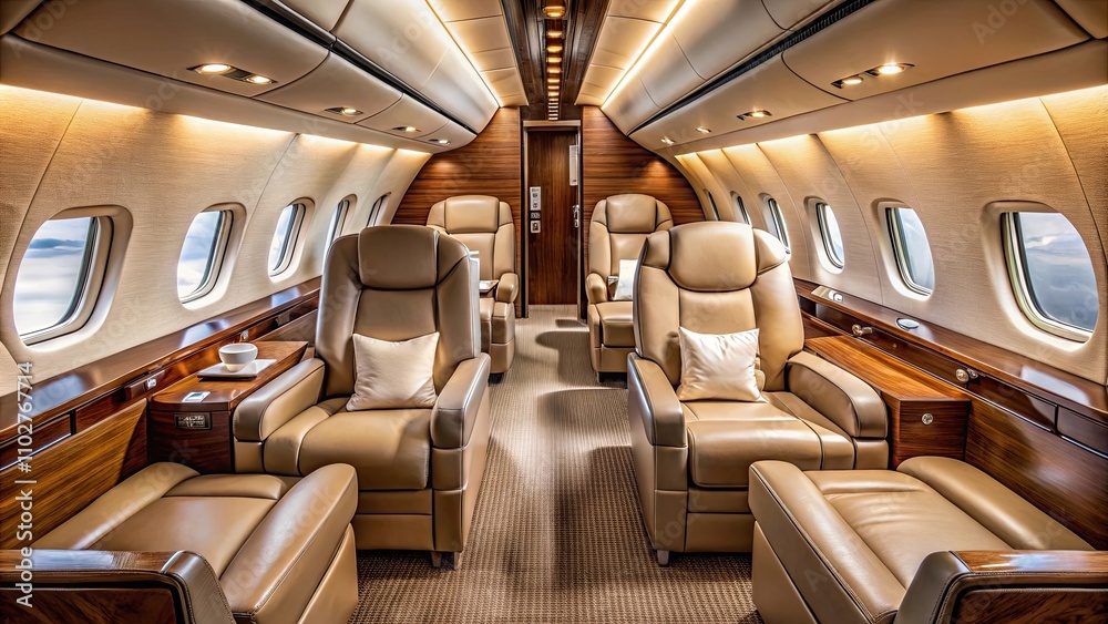 Obraz premium Luxurious private plane interior featuring plush leather seating, modern amenities, and elegant design, private jet, airplane