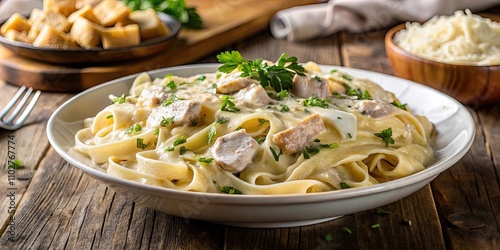 Creamy chicken alfredo dish with pasta and parmesan cheese, chicken, alfredo, pasta, creamy, sauce, Italian, food, meal