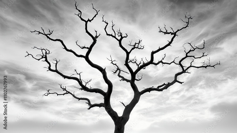 Fototapeta premium Bare Branches Reaching Towards Dramatic Cloudy Sky in Haunting Monochrome Landscape