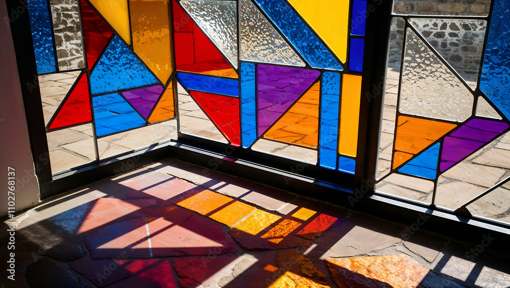 Fototapeta premium Colorful stained glass creates vibrant patterns on a stone floor in a sunny room during the day