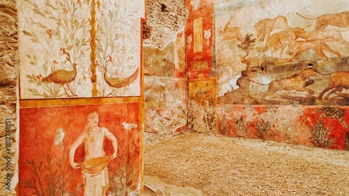 Roman fresco showing nature and wildlife in the Nile Delta at the House of the Ceii (Casa dei Ceii or Casa della Caccia), Pompeii, Naples, Campania, Italy photo