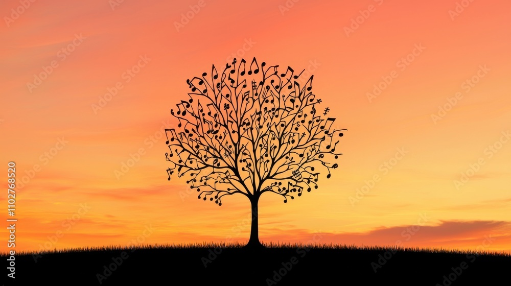 Silhouetted Tree Against Vibrant Orange Sunset Sky Over Serene Landscape Silhouetted Tree Against Vibrant Orange Sunset Sky Over Serene Landscape