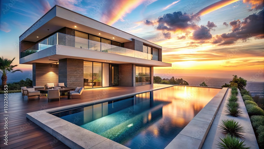 Fototapeta premium Modern luxury villa with infinity pool bathed in the warm glow of sunset , private, house, villa, luxury, modern