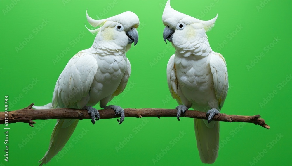 two white cockatoos on a branch studio shot with green background two white cockatoos on a branch studio shot with green background