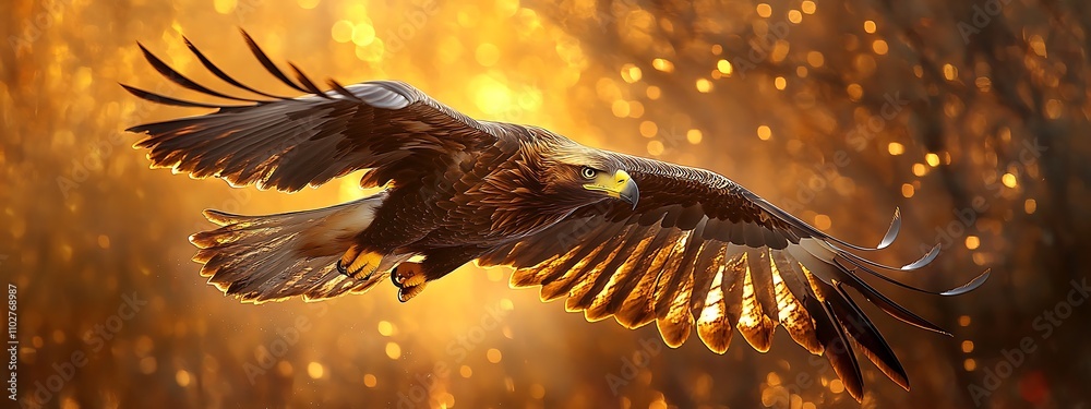 Obraz premium Majestic Eagle in Flight Against Golden Sunset Forest Backdrop
