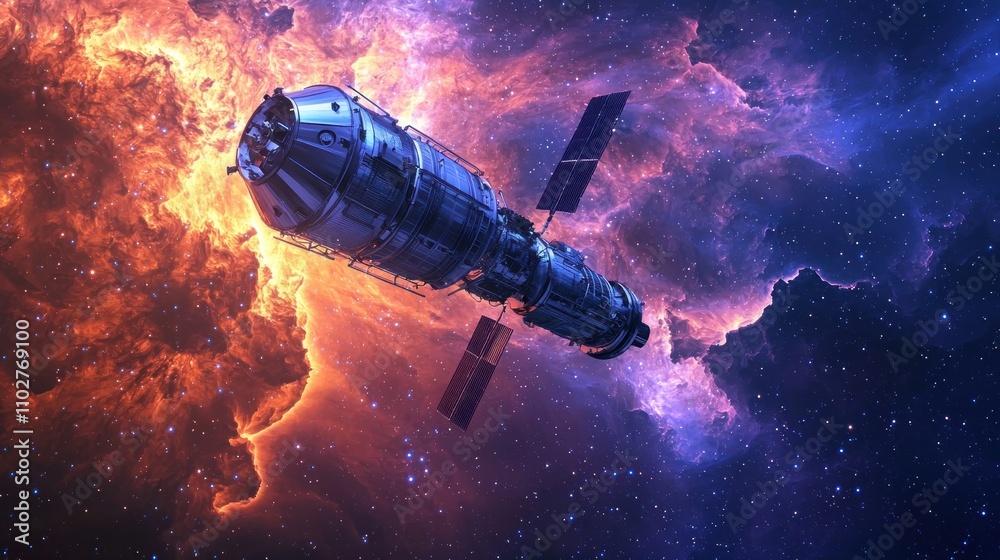 A spacecraft flying through a colorful nebula, symbolizing the exploration of outer space and the vast unknown A spacecraft flying through a colorful nebula, symbolizing the exploration of outer space and the vast unknown