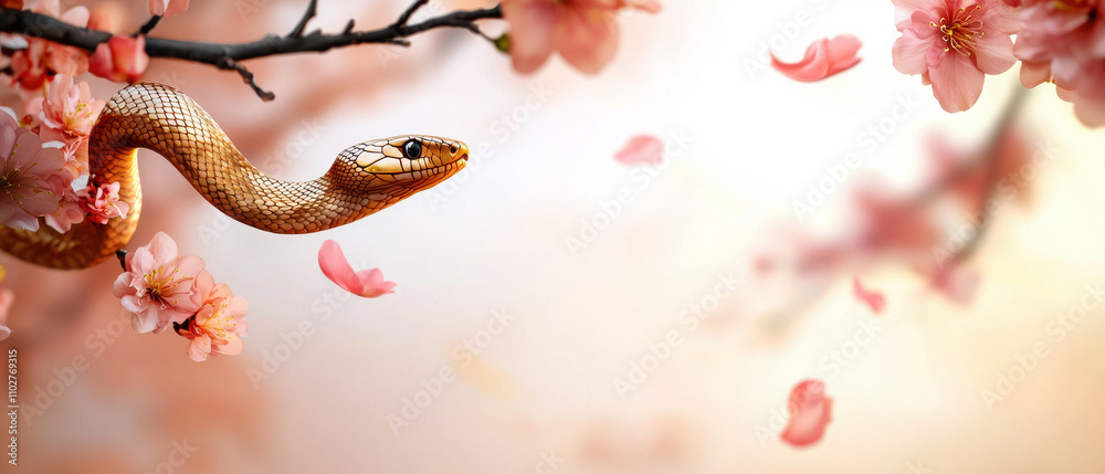 Chinese New Year Frame and background theme, golden snake winding delicately around pink cherry blossoms, evoking beauty Chinese New Year Frame and background theme, golden snake winding delicately around pink cherry blossoms, evoking beauty