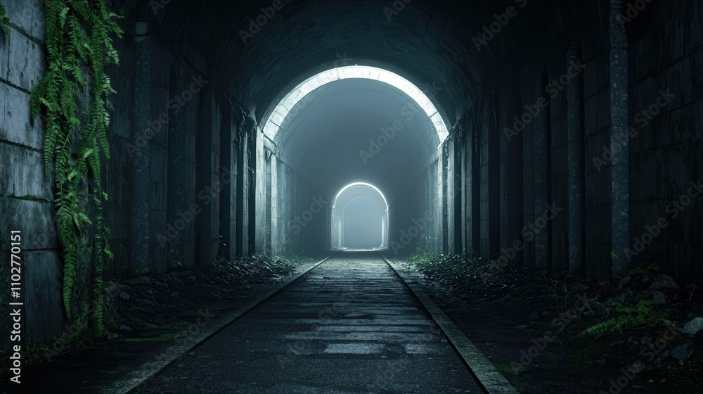 Obraz premium Exploring a dark vine-covered abandoned tunnel a mysterious journey