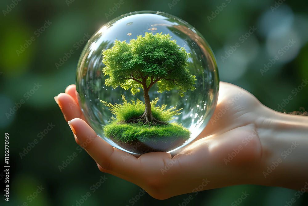 Hand of human holding Crystal globe ball with tree for ESG, co2, and net zero. World sustainable environment concept. Save our Planet, World Environment Day, World Earth Day and Climate change.