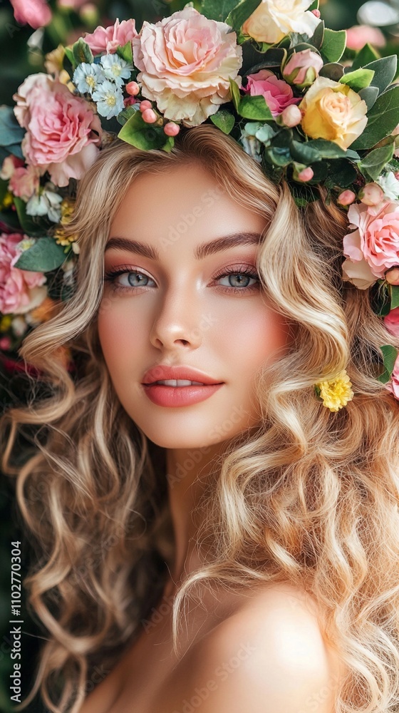 Ethereal beauty adorned with a lush floral crown of pastel roses and delicate foliage, embodying the essence of spring and femininity in a captivating portrait. Ethereal beauty adorned with a lush floral crown of pastel roses and delicate foliage, embodying the essence of spring and femininity in a captivating portrait.