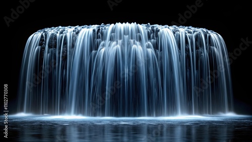 Liquid waterfall cascading in front view against a black background , Water, splash, flowing, render, motion,cascade, falling, liquid