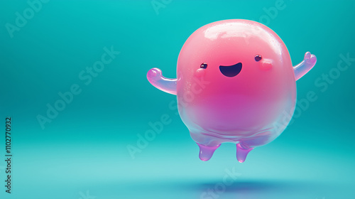 Joyful Pink Jelly Bean Creature, 3D Render, Happy, Running, Cute