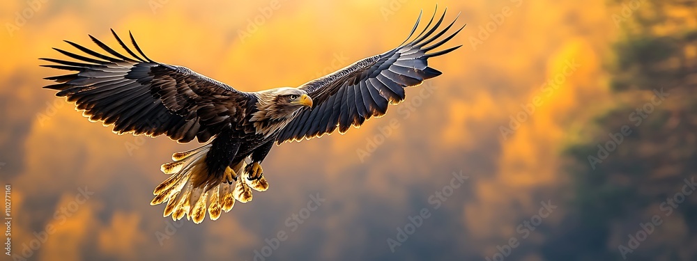 Fototapeta premium Majestic Eagle in Flight Against Golden Sunset Forest Backdrop