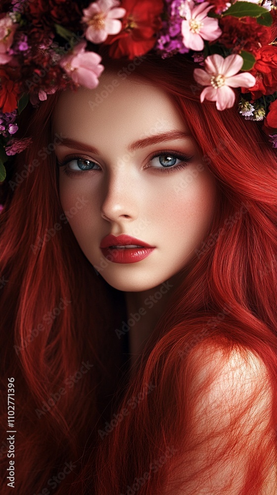 Ethereal portrait of a woman with vibrant red hair and piercing blue eyes, adorned with delicate pink flowers, exuding a mystical and enchanting aura. Ethereal portrait of a woman with vibrant red hair and piercing blue eyes, adorned with delicate pink flowers, exuding a mystical and enchanting aura.