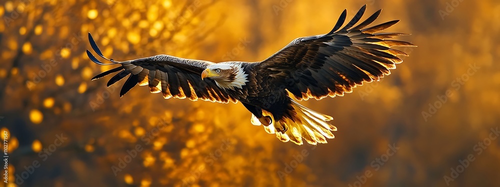 Obraz premium Majestic Eagle in Flight Against Golden Sunset Forest Backdrop