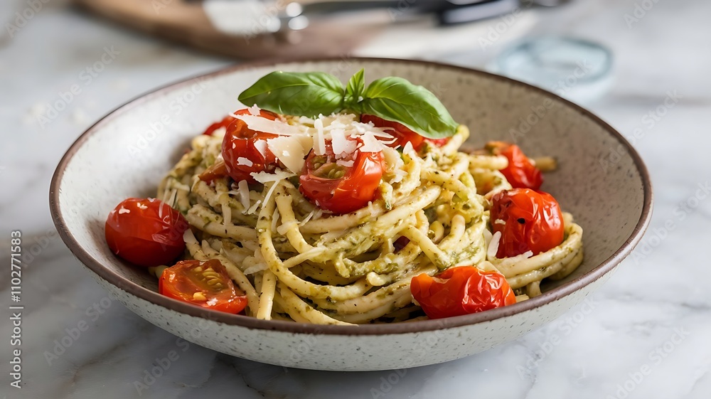 Homemade pesto pasta with roasted cherry tomatoes and parmesan cheese, served in white bowl with basil garnish on marble table Homemade pesto pasta with roasted cherry tomatoes and parmesan cheese, served in white bowl with basil garnish on marble table