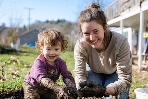 Happy toddler and young woman playing in mud.