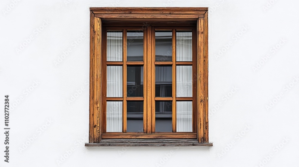 A wooden-framed window with curtains against a white wall. A wooden-framed window with curtains against a white wall.