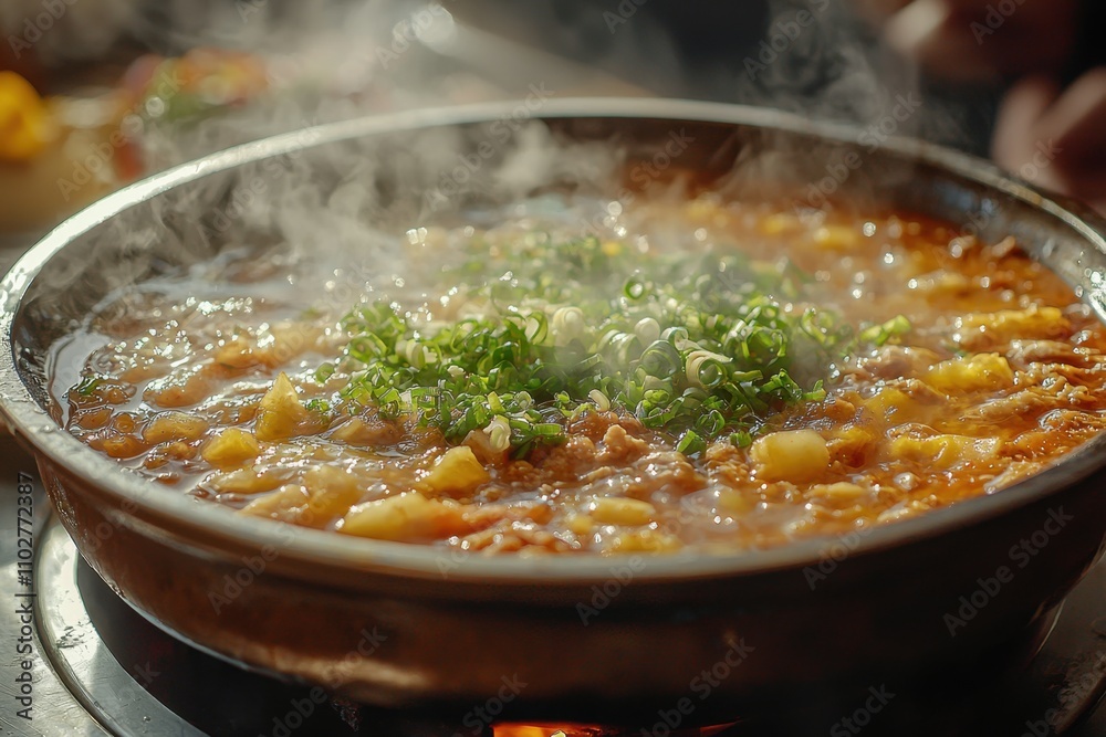 Tteokguk preparation for seollal celebration kitchen food warm close-up Tteokguk preparation for seollal celebration kitchen food warm close-up