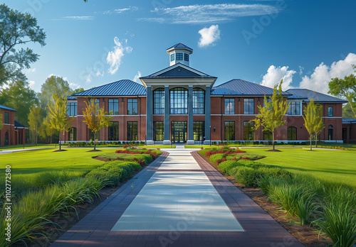 The outside of a prestigious k-12 private school. The building size should be appropriate for 400 students 
