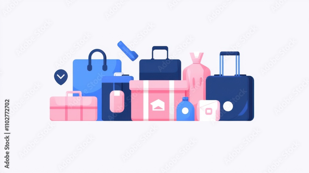 Traveling budget saving. Variety of colorful luggage and bags stacked together. Traveling budget saving. Variety of colorful luggage and bags stacked together.
