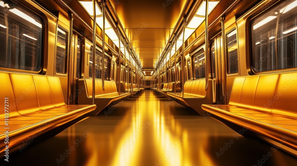 Obraz premium A visually striking subway interior with golden lighting and reflective surfaces.
