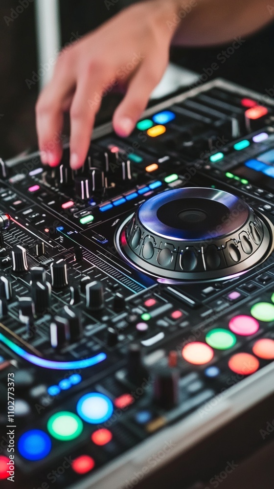 Obraz premium DJ's hand manipulating colorful controls on a professional mixing deck, showcasing intricate buttons, knobs, and a central jog wheel for precise audio manipulation.