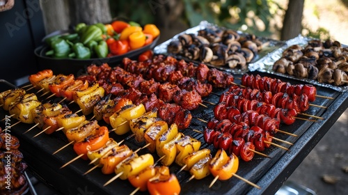 A vibrant display of grilled skewers and vegetables at a barbecue gathering.