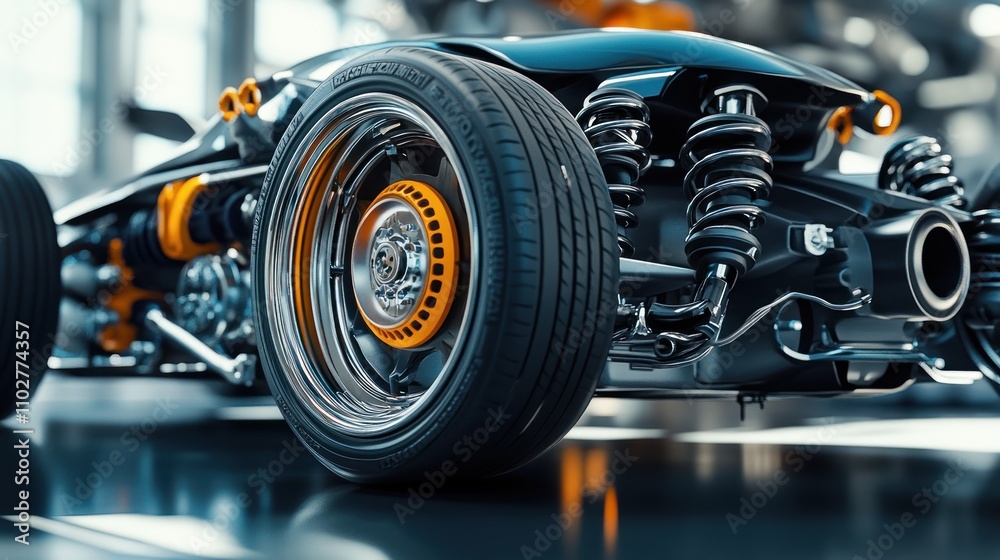 Close-up of a Custom-Built Hot Rod's Rear Wheel and Suspension, Showcasing Chrome, and Orange Accents in a Garage Setting Close-up of a Custom-Built Hot Rod's Rear Wheel and Suspension, Showcasing Chrome, and Orange Accents in a Garage Setting