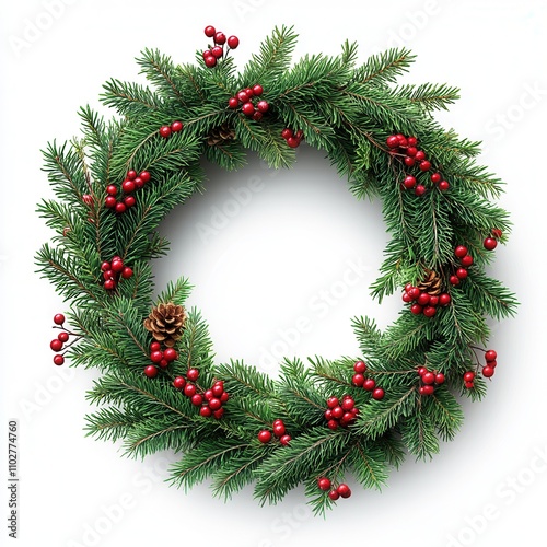 Festive holiday wreath with pine branches and red berries.