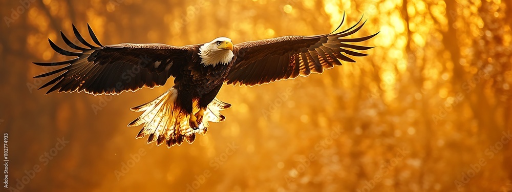 Fototapeta premium Majestic Eagle in Flight Against Golden Sunset Forest Backdrop