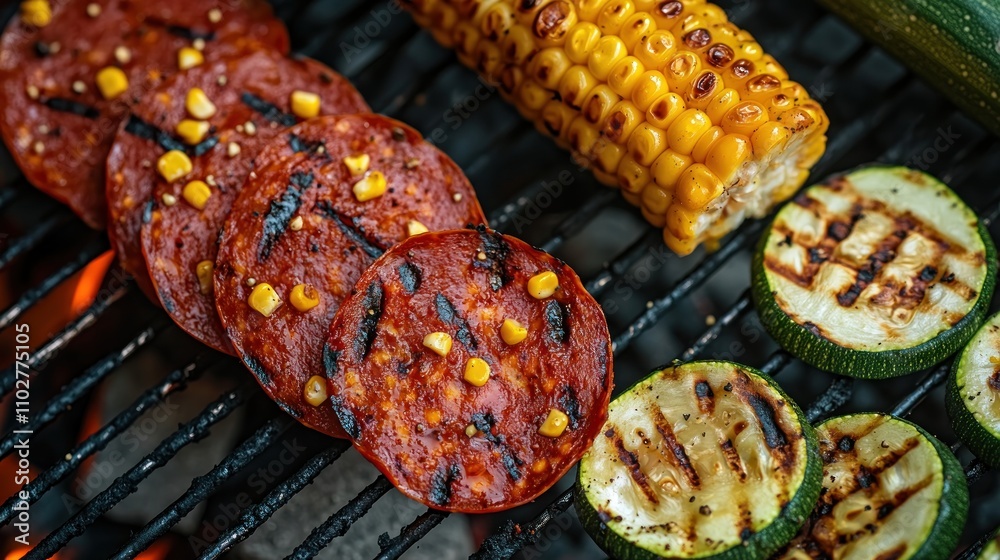 Grilled slices of meat and vegetables on a barbecue, showcasing summer cooking. Grilled slices of meat and vegetables on a barbecue, showcasing summer cooking.