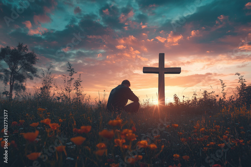 Man praying for the cross of Jesus Christ. photo