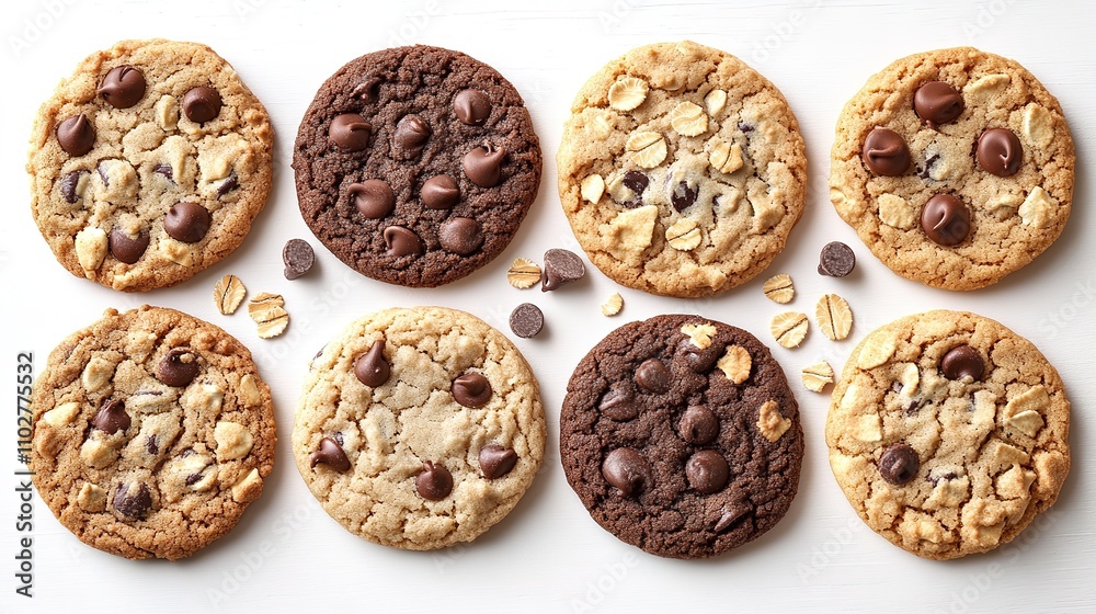 flat lay of assorted cookies, including chocolate chip and oatmeal raisin, placed on a white background, inviting and sweet flat lay of assorted cookies, including chocolate chip and oatmeal raisin, placed on a white background, inviting and sweet