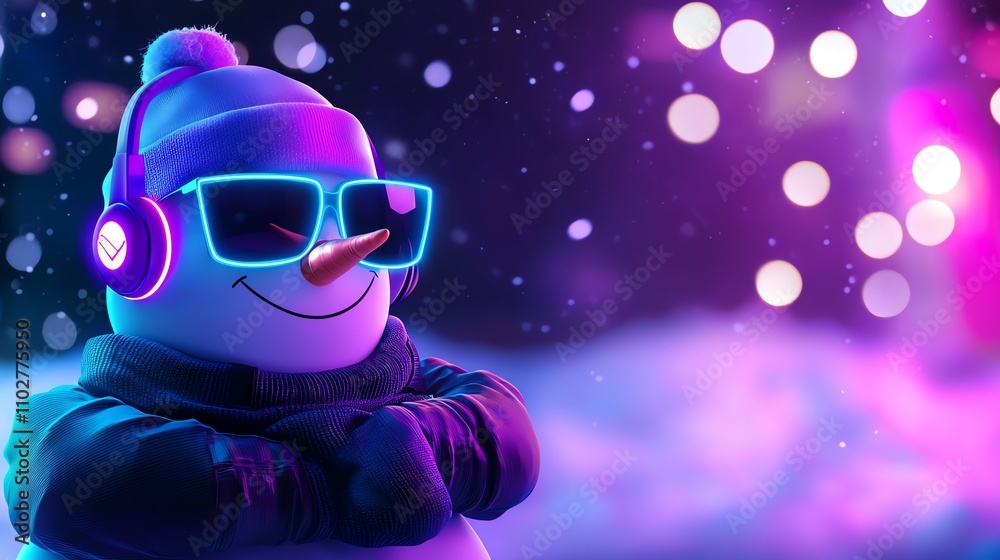 A stylish snowman wearing headphones and colorful glasses, standing against a magical winter backdrop with vibrant bokeh lights. A stylish snowman wearing headphones and colorful glasses, standing against a magical winter backdrop with vibrant bokeh lights.