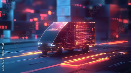 Futuristic delivery van concept with glowing digital design in a vibrant technology-driven setting. - Generated AI photo