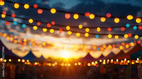 Colorful festival lights illuminate a vibrant evening scene, creating a warm and inviting atmosphere for celebration and gathering.