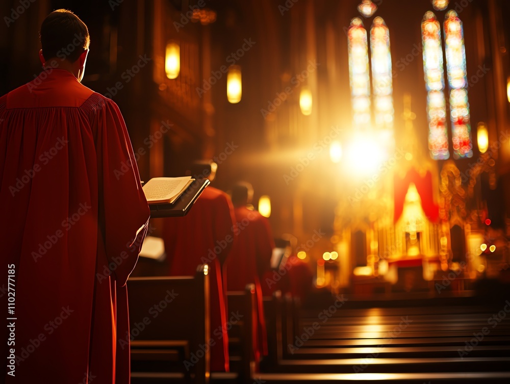 A serene scene capturing choir members in red robes singing joyfully in a beautifully lit church during a worship service. A serene scene capturing choir members in red robes singing joyfully in a beautifully lit church during a worship service.