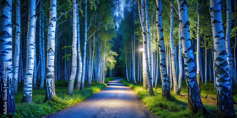 Fototapeta premium Moonlight paints a silver path through the ethereal birch forest.
