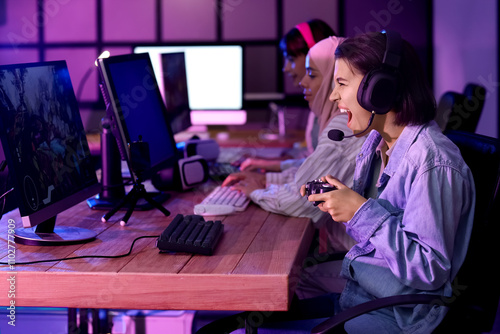 Young woman playing compute...