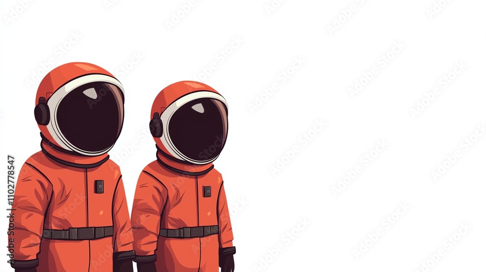 Two astronauts in vibrant orange suits stand side by side against a plain background, highlighting their space exploration theme.