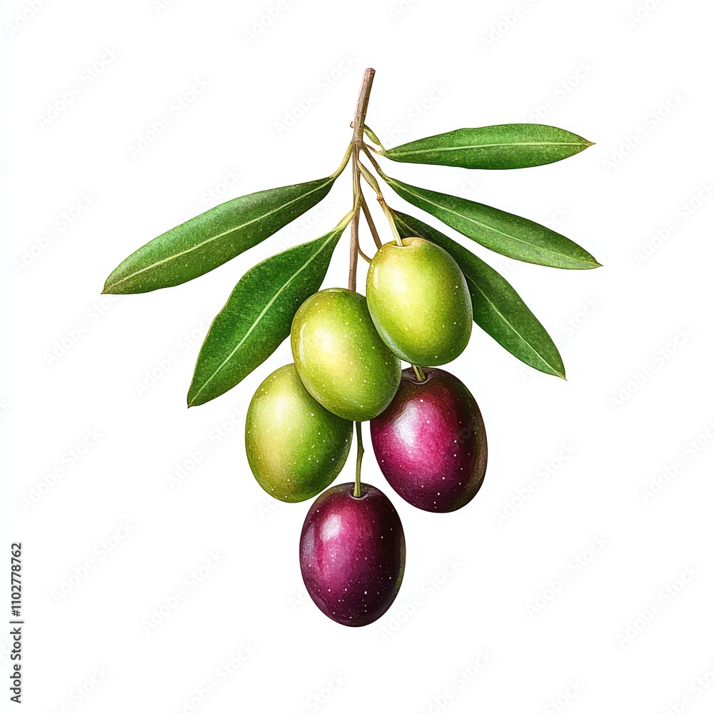 A branch with green and purple olives, surrounded by lush leaves, symbolizing freshness and natural produce. A branch with green and purple olives, surrounded by lush leaves, symbolizing freshness and natural produce.